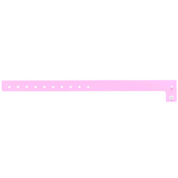 A pink plastic wristband with white dots and holes.