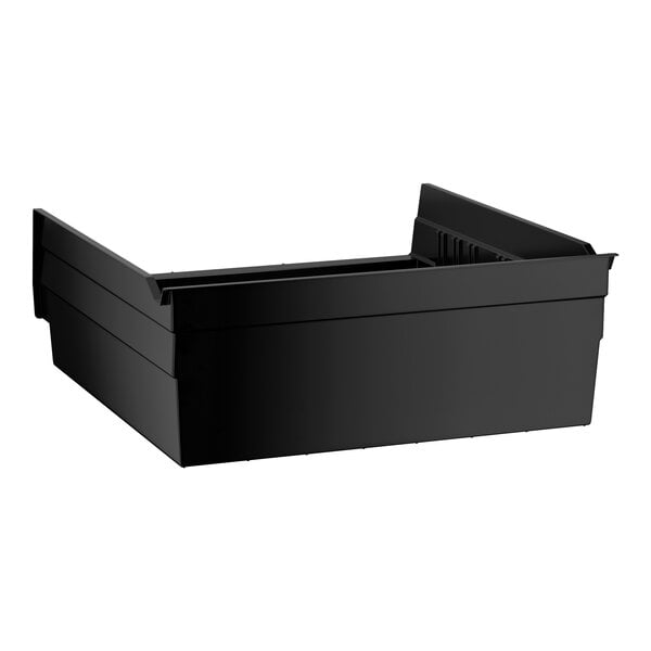 A black rectangular plastic bin with open top and slightly raised sides.