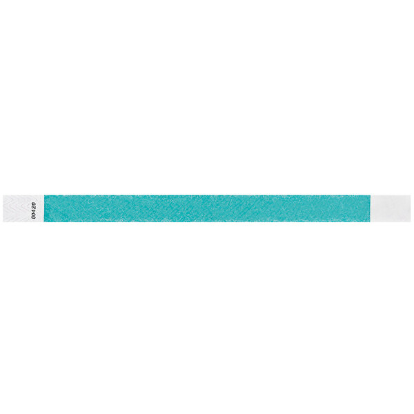 A teal Tyvek wristband with white border and customizable writing.