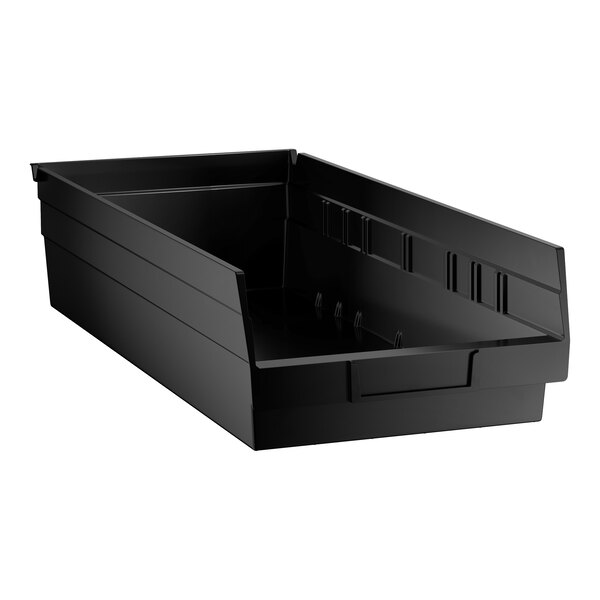 A black rectangular plastic storage bin with a low front and higher sides and back.