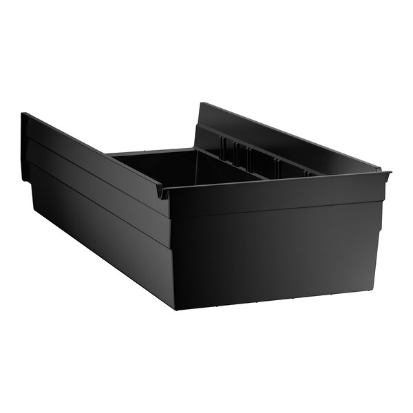 A black rectangular plastic bin with high sides and an open top.