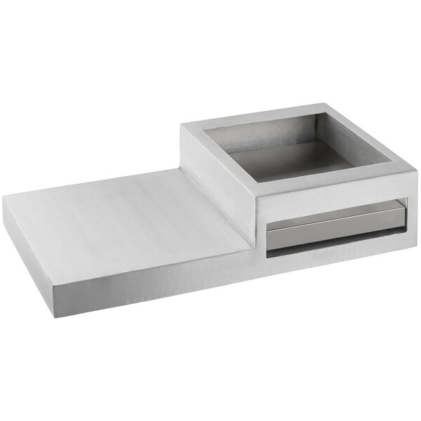 A Tablecraft clear and brushed aluminum rectangular butane station with a rectangular metal compartment inside.