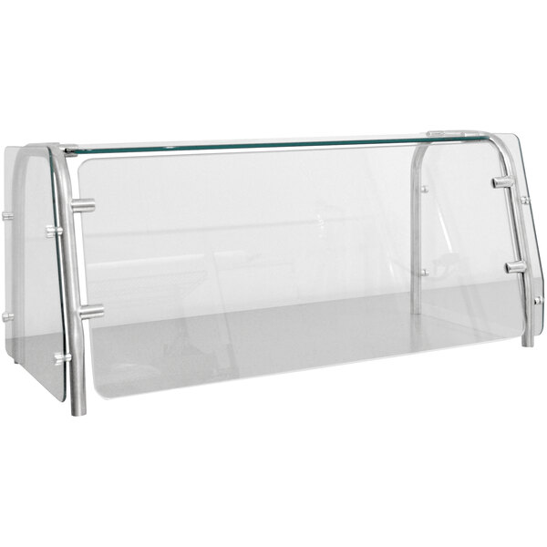 An Advance Tabco cafeteria food shield with a clear plastic front and top and metal frame with glass shelves.
