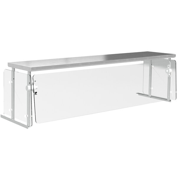 An Advance Tabco cafeteria food shield with a stainless steel shelf over a white rectangular table.