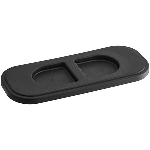 A black rectangular Avantco lid with two holes.
