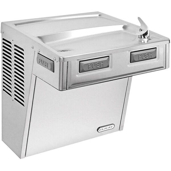 An Elkay stainless steel wall mount water fountain with a push button.