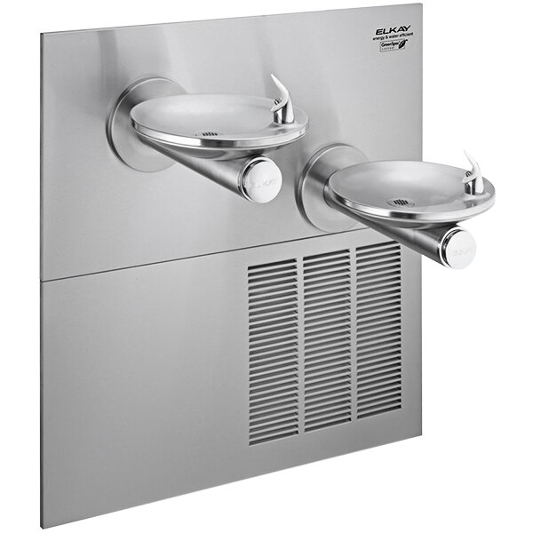 An Elkay stainless steel bi-level drinking fountain with two faucets over an oval basin.