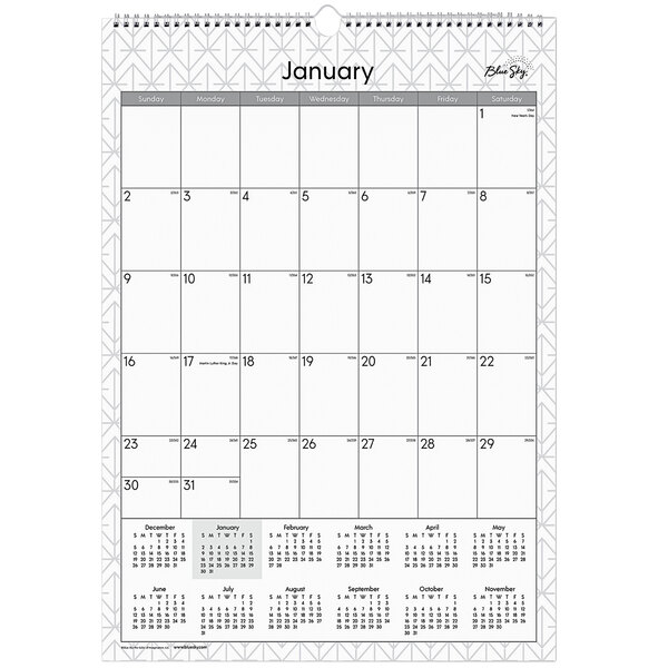 A Blue Sky wall calendar for January 2024 - December 2024 with white background and gray numbers and lines.