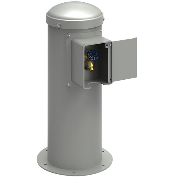 A gray metal Elkay outdoor yard hydrant with a hose bib and a door open.