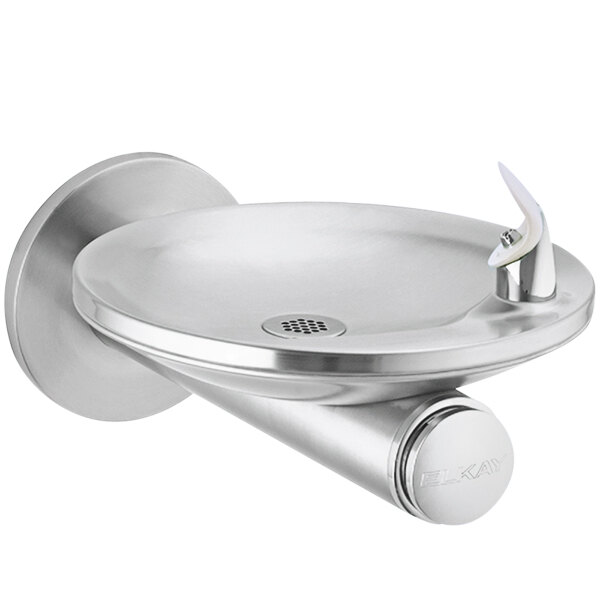 Elkay stainless steel wall mount drinking fountain with splash-resistant oval basin.