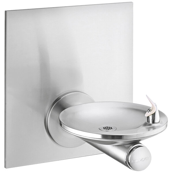 An Elkay stainless steel wall mounted water fountain with a splash-resistant oval basin.