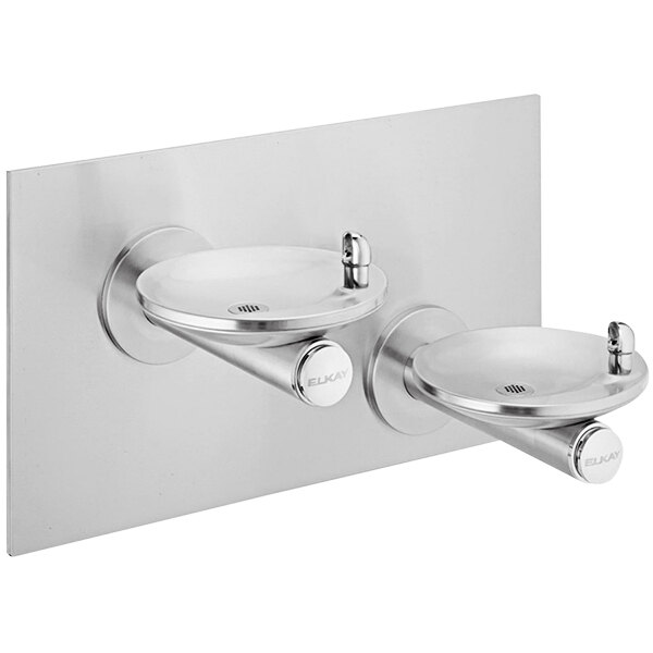An Elkay stainless steel SwirlFlo wall mount drinking fountain with two oval basins.