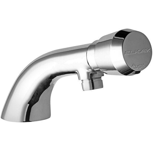 An Elkay chrome deck-mount faucet with push button handle.