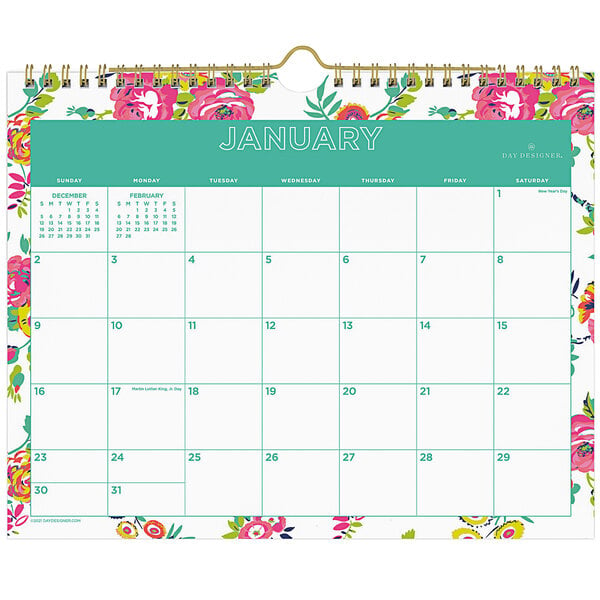 A Blue Sky Peyton White monthly wall calendar with a floral design.