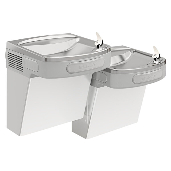 An Elkay stainless steel bi-level drinking fountain with a water dispenser.