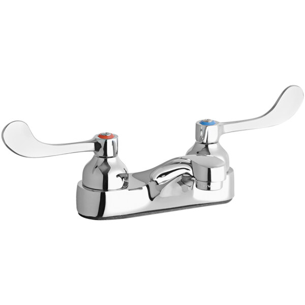 An Elkay chrome deck-mount faucet with two wristblade handles.
