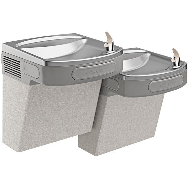An Elkay light gray wall mount drinking fountain with two water dispensers.