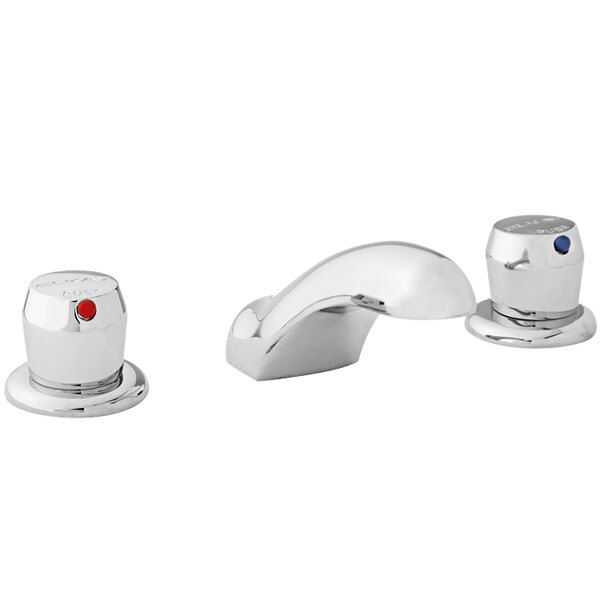 An Elkay deck-mount faucet with push button handles and 8" centers. The faucet has red and blue buttons.
