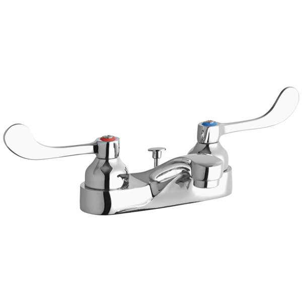 An Elkay chrome deck-mount faucet with two wristblade handles and a pop-up drain.