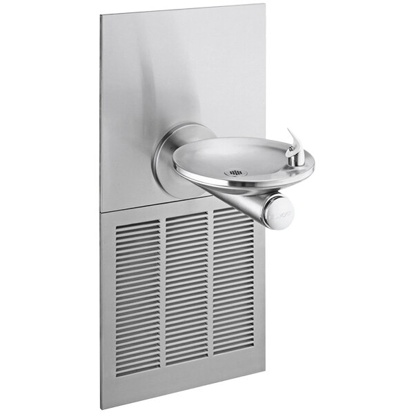 An Elkay stainless steel wall mounted drinking fountain with a metal oval basin.