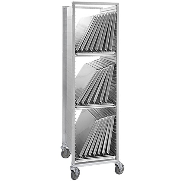 A metal shelf with several metal rods for drying pans.