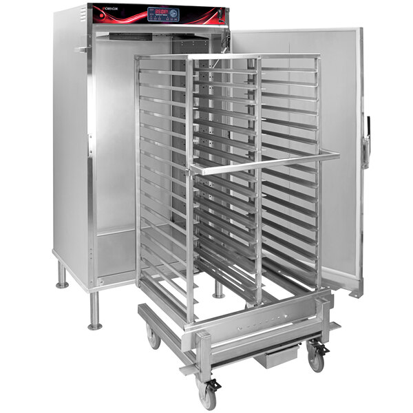 A stainless steel Cres Cor roll-in cook and hold oven with a door open and a large metal rack inside.