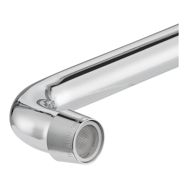 A chrome wall-mounted faucet spout with a mesh aerator at the tip.