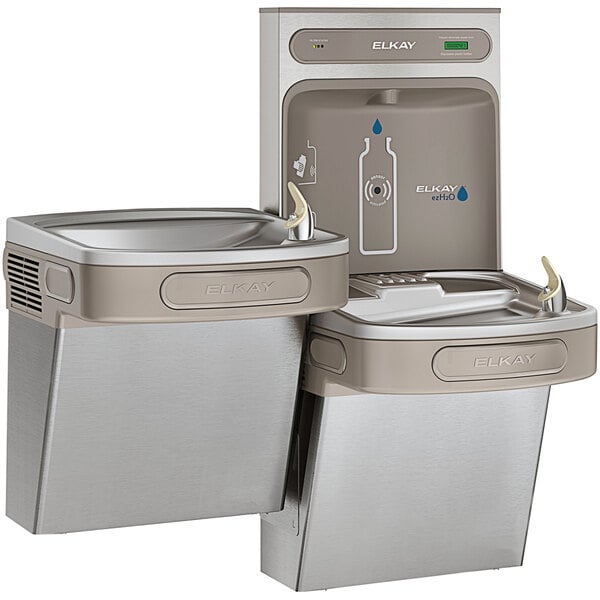 An Elkay stainless steel bi-level water fountain with a bottle filling station.