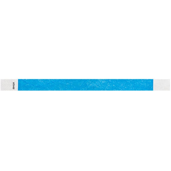 A blue Tyvek wristband with white customizable writing.