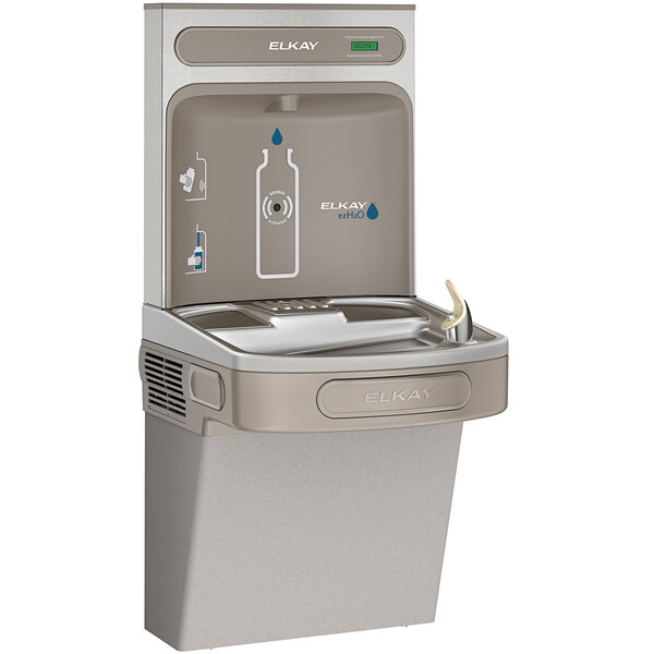 An Elkay light gray water fountain with a drinking fountain and water bottle filler.