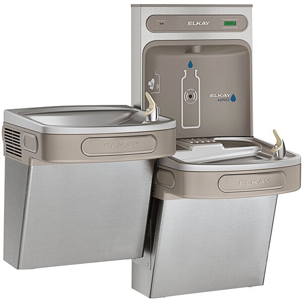 An Elkay stainless steel bi-level water fountain with a bottle filling station over a drinking fountain.