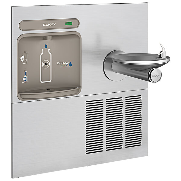 An Elkay stainless steel water bottle filling station with a SwirlFlo water fountain.