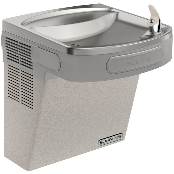 An Elkay light gray wall mount drinking fountain with a water dispenser.