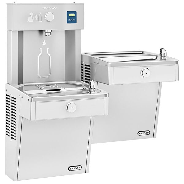 An Elkay stainless steel reverse bi-level water fountain with a water dispenser.