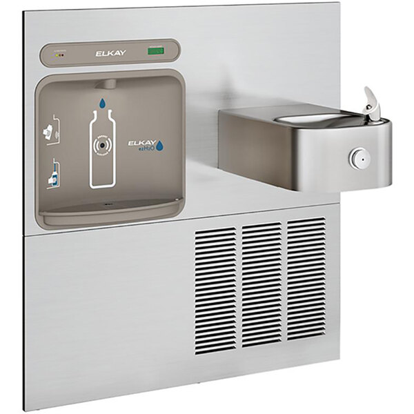 An Elkay stainless steel water dispenser with a water bottle filling station.