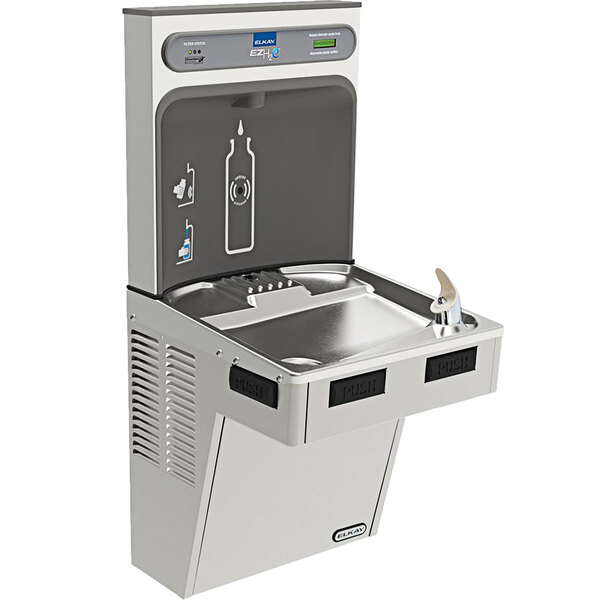 An Elkay light gray water fountain and bottle filling station with a water dispenser.