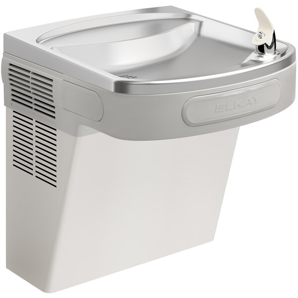 An Elkay stainless steel wall mount drinking fountain with extra deep basin.