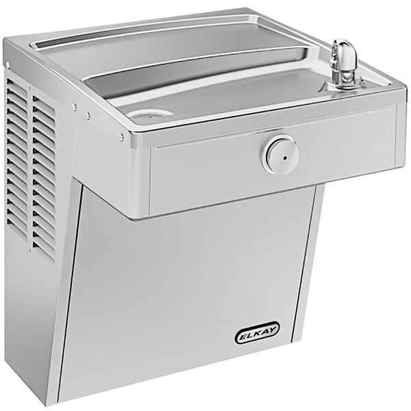 An Elkay stainless steel wall mount chilled filtered water fountain with a water tap.