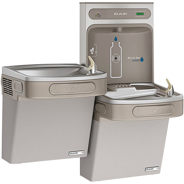 An Elkay water fountain and drink dispenser with a faucet.