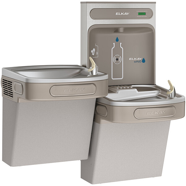 An Elkay water fountain and drink dispenser with two faucets above a drinking fountain.