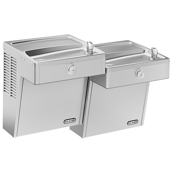 An Elkay stainless steel bi-level water fountain with a faucet.