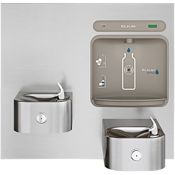 An Elkay stainless steel bi-level water fountain with two bottle filling faucets.