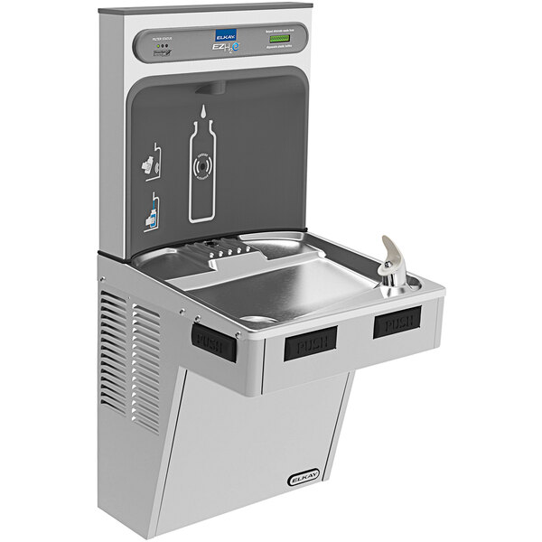 An Elkay stainless steel hands-free water bottle filling station and drinking fountain.