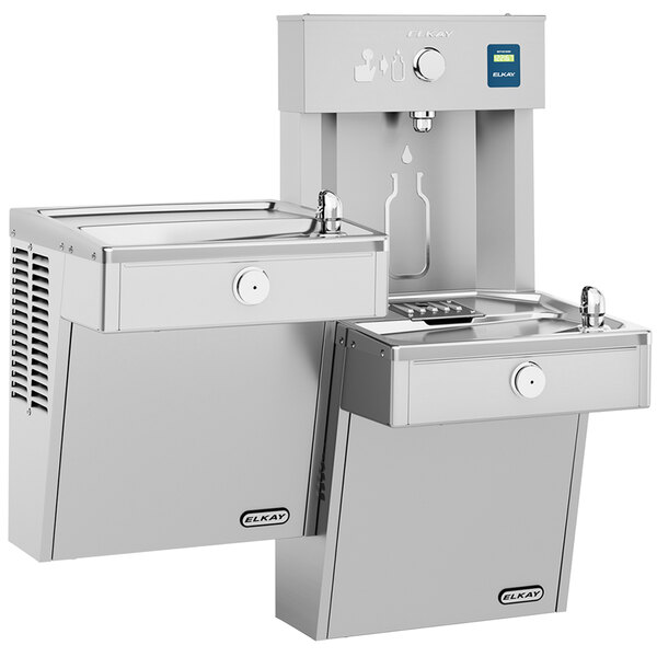 An Elkay stainless steel bi-level water fountain with a water cooler and two taps.