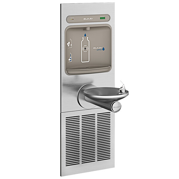 An Elkay stainless steel water dispenser with a round drinking fountain.