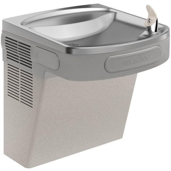 An Elkay light gray wall mount drinking fountain with a drinking fountain and hand held faucet.