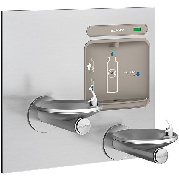 An Elkay stainless steel bi-level water fountain bottle filling station with two drinking fountains.