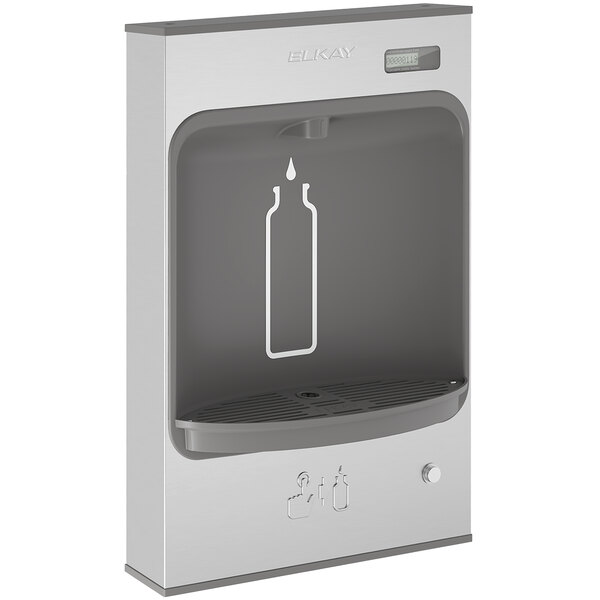 An Elkay stainless steel surface mount water bottle filling station over a water bottle.