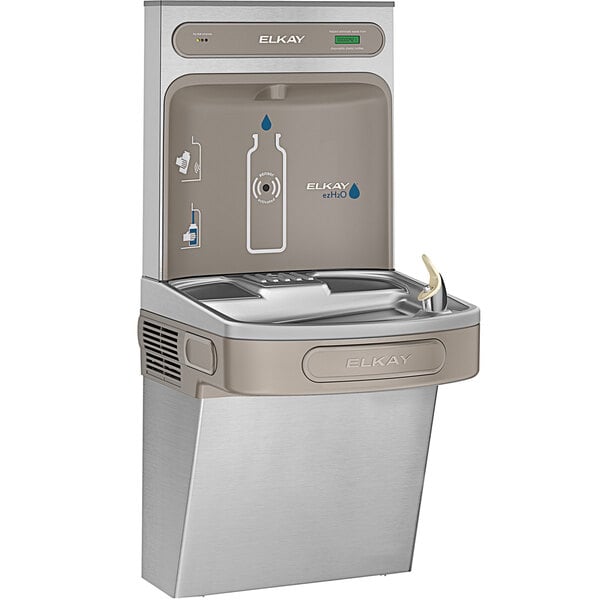 An Elkay stainless steel water fountain with a bottle filling station and a water bottle.