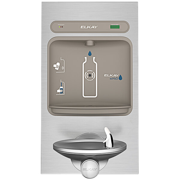 An Elkay stainless steel water bottle filling station and drinking fountain.